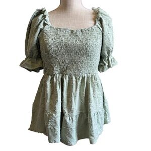 SHEIN Sage Green Smocked Short Sleeve Blouse Size Large